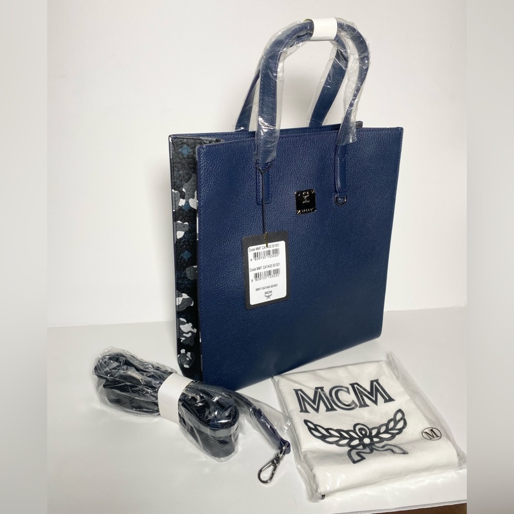 New MCM $750 Blue Black Camo Floral Visetos Leather Crossbody Tote Purse Bag